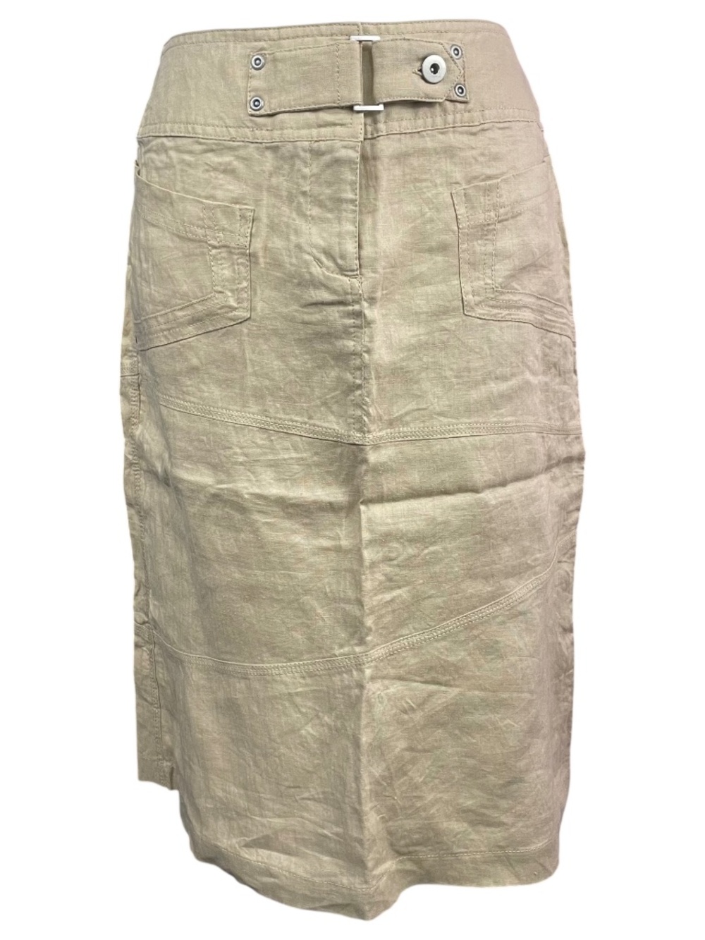 100% Linen Pencil Skirt 6 Khaki POCKETS Buckled Zip Closure Knee Length Casual
